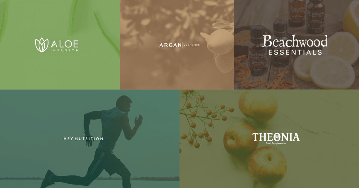 Six logo designs for different brands, including "Aloe Infusion," "Argan Cosmetics," "Beachwood Essentials," "Hey Nutrition," and "Theonia."