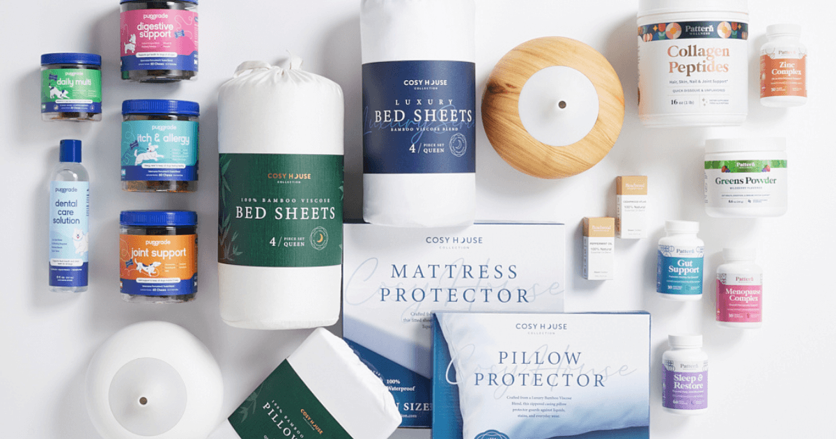 Collage of health, beauty, and home products, featuring brands like Cosy House and others, laid out on a white surface.