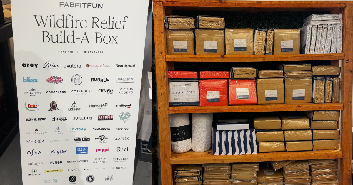 a banner featuring the brands for FabFitFun's Wildfire Relief Build-a-Box event on one side. The other side is a shelf stocked of Cosy House bedding products